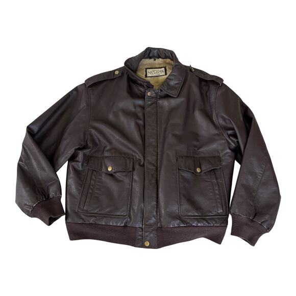 VTG  Leather Bomber Jacket XXL Top Gun Shearling Lined Aviator Rugged Moto Brown - Picture 1 of 9